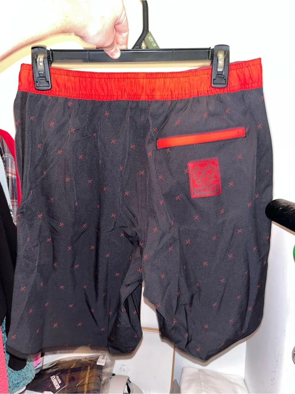 DIXXON Black Swim Board Shorts with Red Waistband